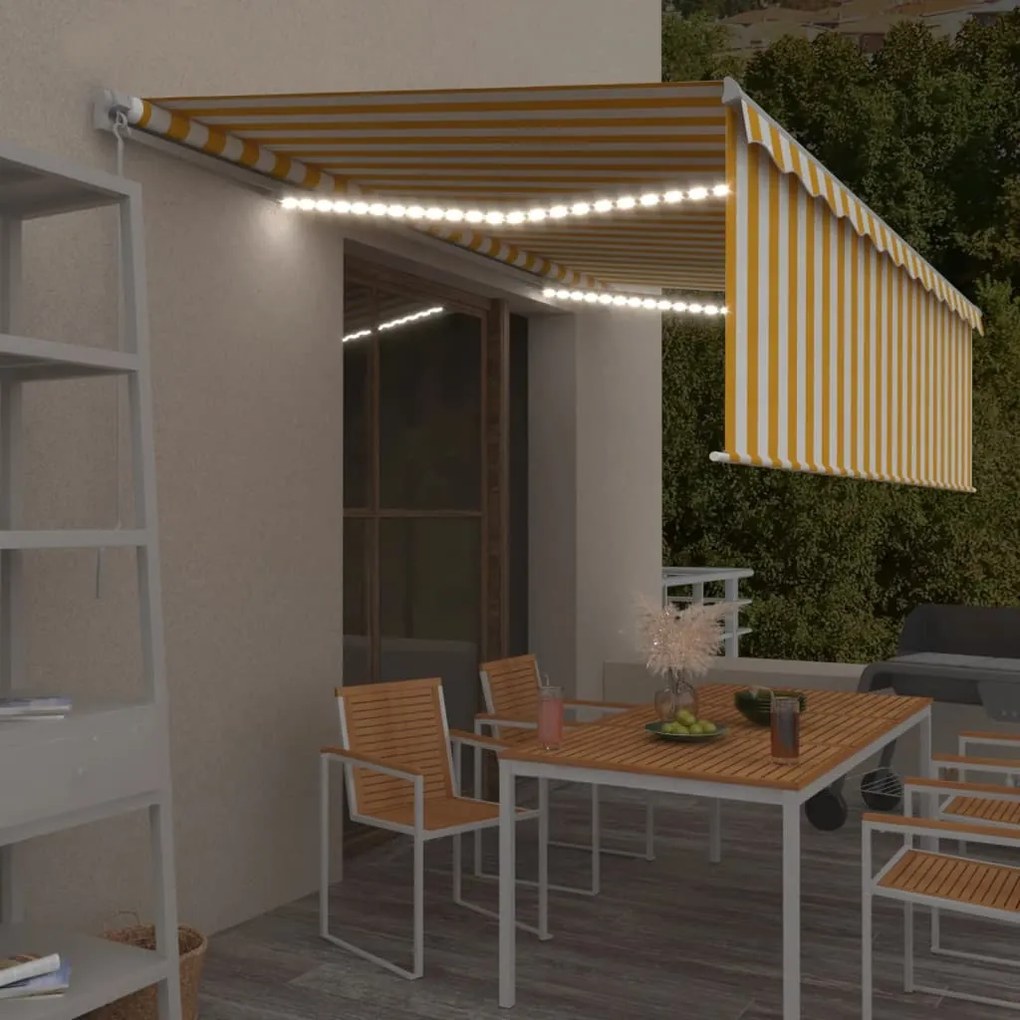 vidaXL Copertină retractabilă manual cu stor&amp;LED, galben&amp;alb, 5x3 m