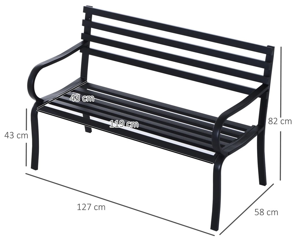 Outsunny Banca de gradina scaun de gradina din metal 2 locuri impermeabila neagra 127 x 62 x 82cm