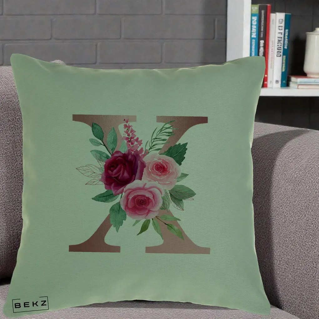 Cadou Personalizat - Perna Personalizata Monograma Rose Gold Litera X, 40x40 cm, Verde, Husa Detasabila, Perna Inclusa, BEKZ®