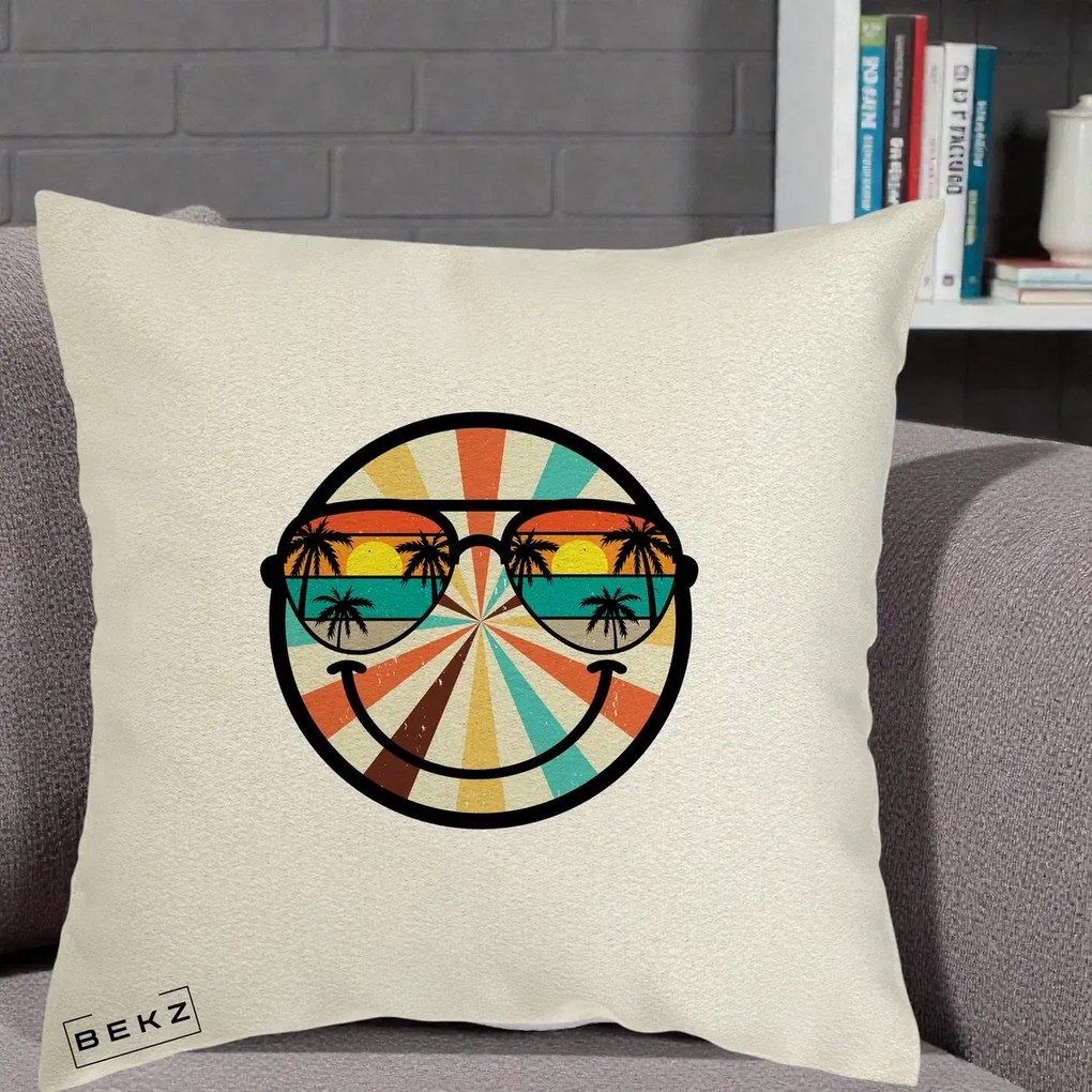 Perna Decorativa Smiley Face Retro Sunset Palmieri, 40x40 cm, Ecru, Husa Detasabila, Perna Inclusa, BEKZ®