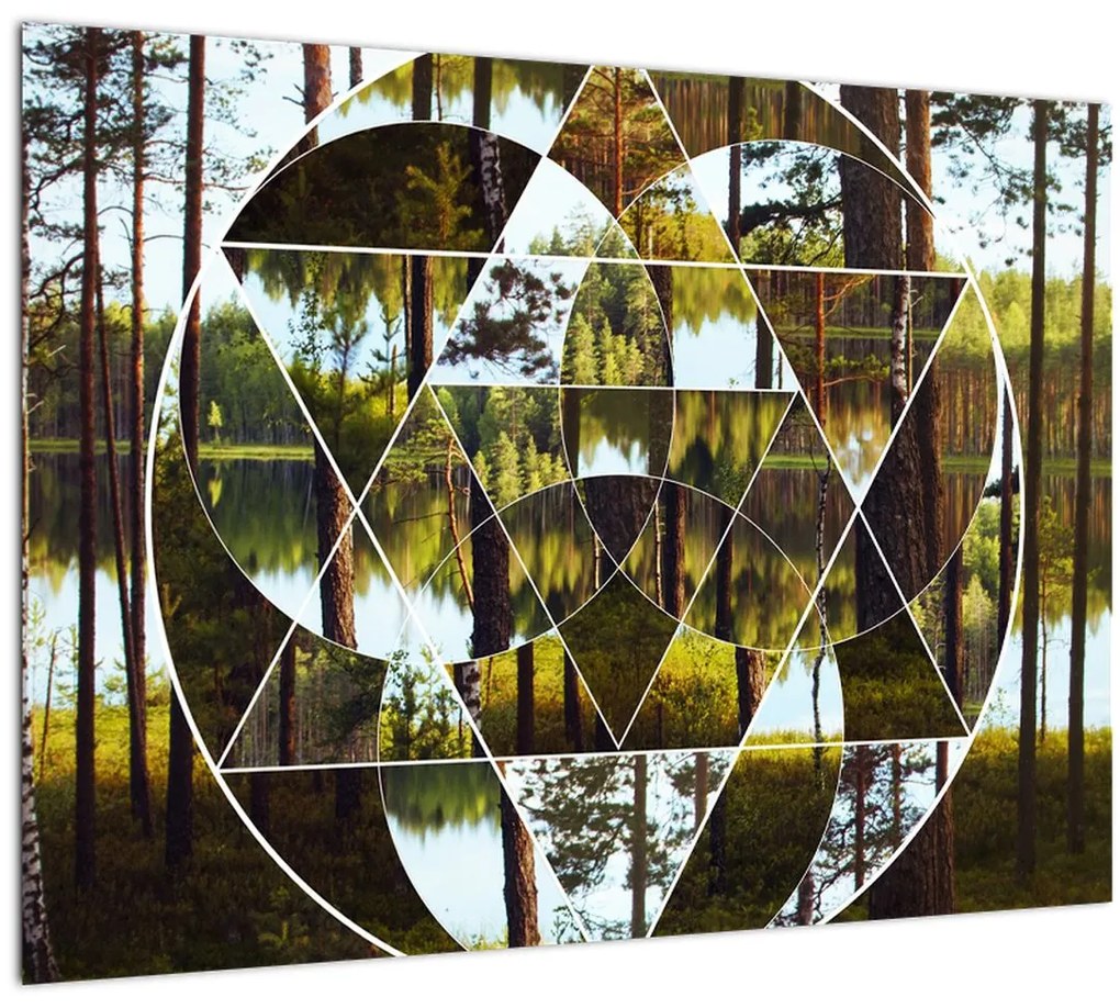 Tablou pe sticlă - Colaj geometric pe fundalul pădurilor nordice (70x50 cm)