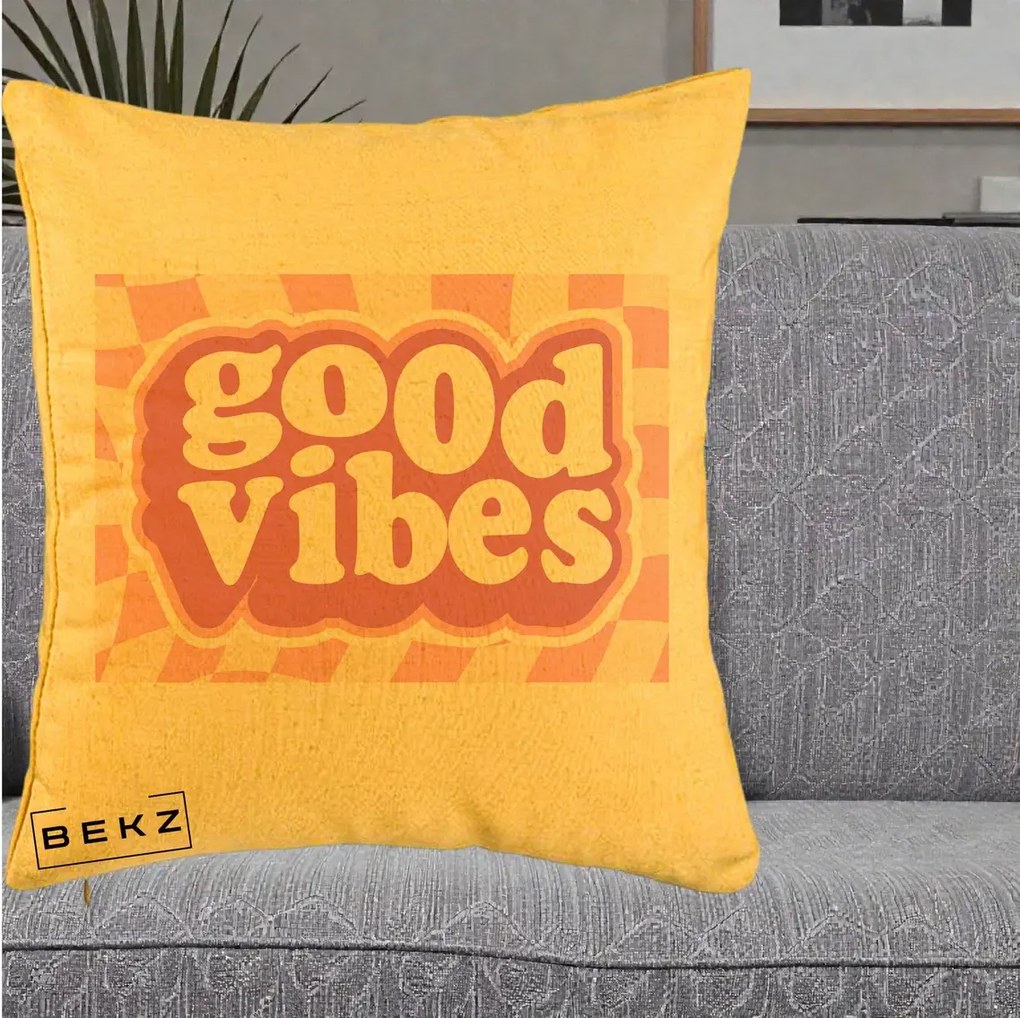 Perna Decorativa Good Vibes Retro Roz, 40x40 cm, Galben, Husa Detasabila, Perna Inclusa, BEKZ®