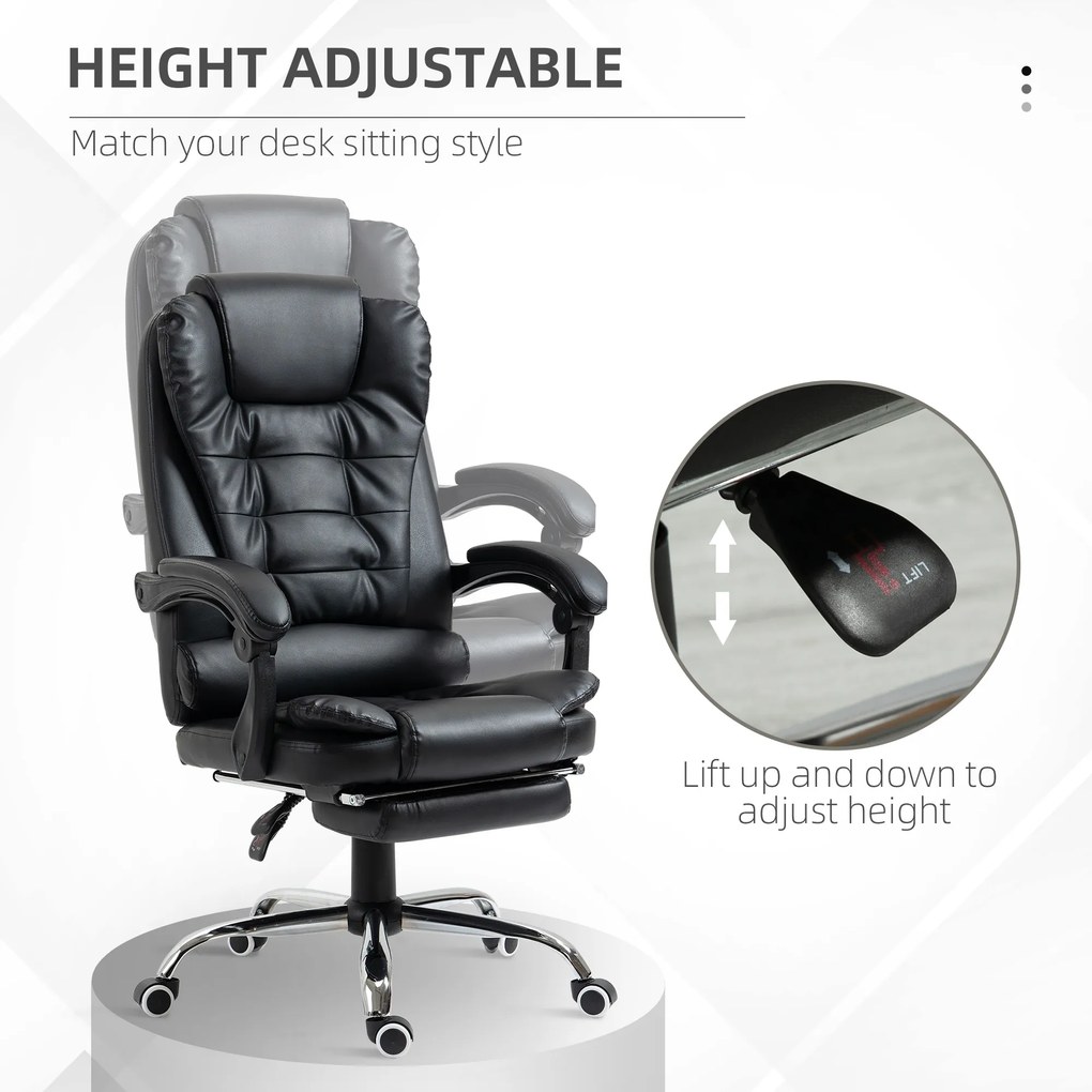 HOMCOM Scaun de Birou din Piele Artificială Neagră Înălțime Reglabilă Spătar Rabatabil 64.5x69x127cm | Aosom Romania