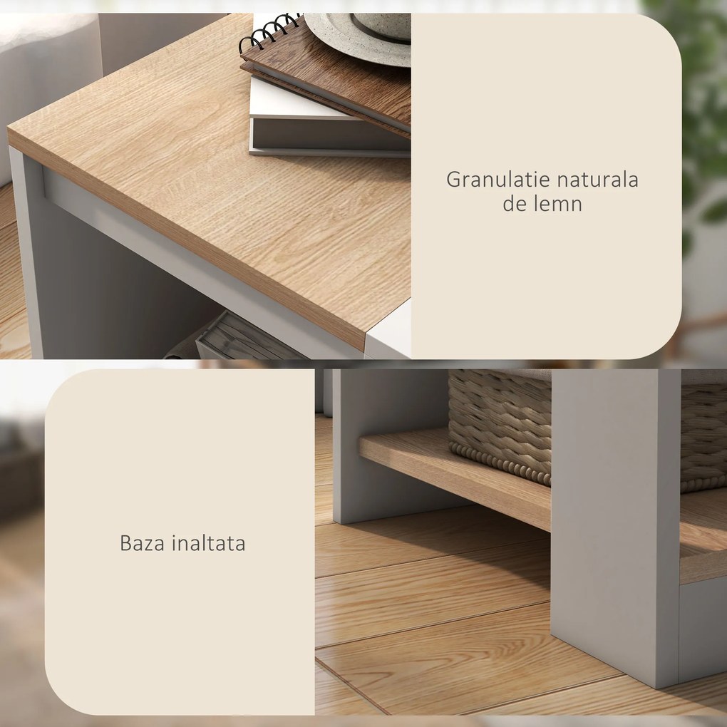 Set de 2 Masute pentru Living cu Design pe Doua Niveluri din PAL, 40x40x45cm, Alb si Stejar HOMCOM | Aosom Romania