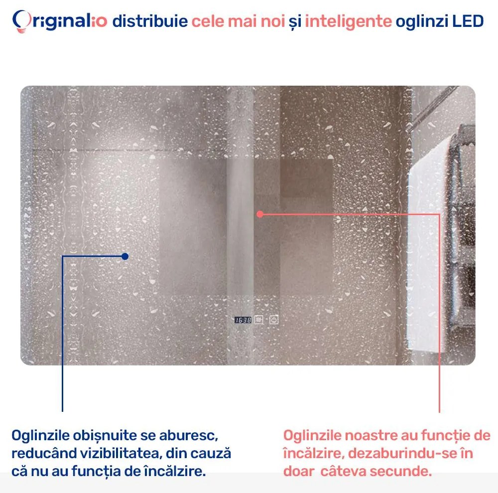 Oglindă LED Dreptunghiulară (130x80 cm), 3 Moduri Iluminare (Lumină Rece, Naturală, Caldă), Intensitate Reglabilă, Funcție Dezaburire, Ceas (Timer) și Termometru, Control Tactil (Touch)