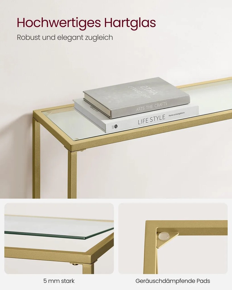 Consola, Vasagle, 100x20x80 cm, sticla temperata/otel, auriu