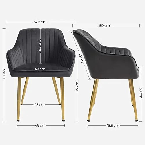 Set 4 scaune dining cu brate, catifea / metal, auriu / antracit, Songmics