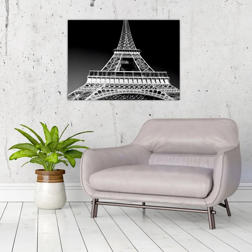 Tablou pe sticlă - Turnul Eiffel, alb-negru (70x50 cm)