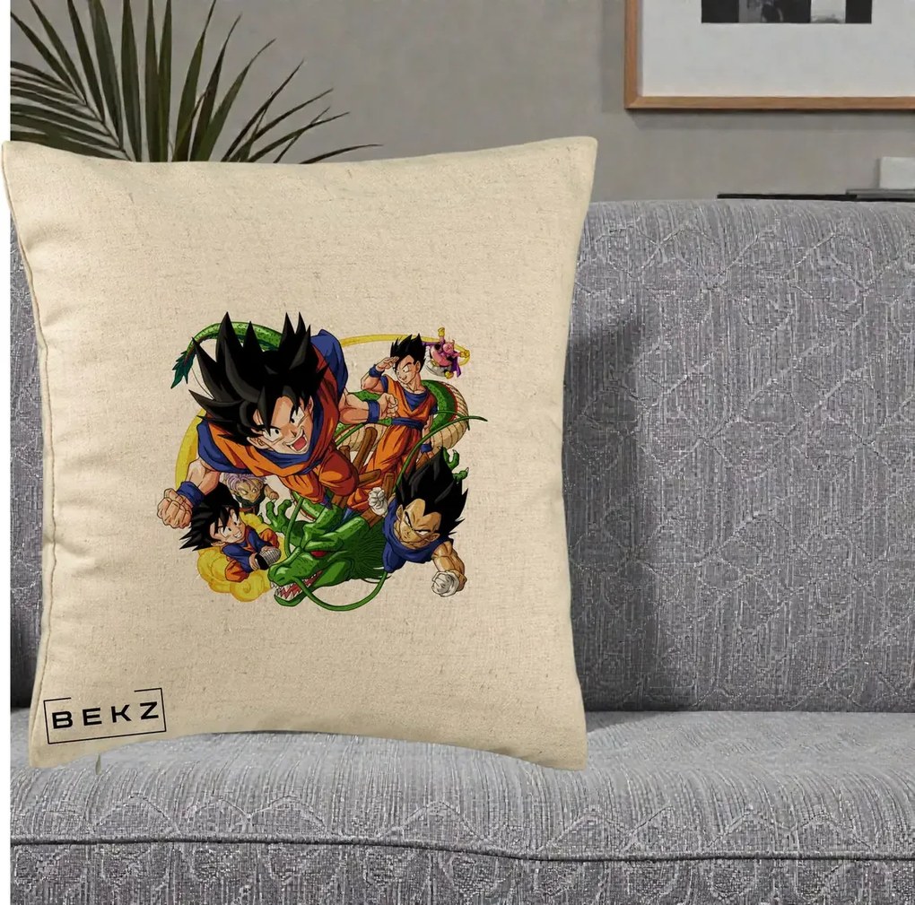 Perna Personalizata Dragon Ball Goku si Shenron Actiune, 40x40 cm, Bej, Husa Detasabila, Perna Inclusa, BEKZ®