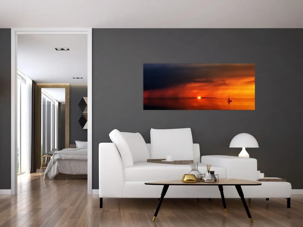 Tabloul apusului de soare cu barca (120x50 cm)