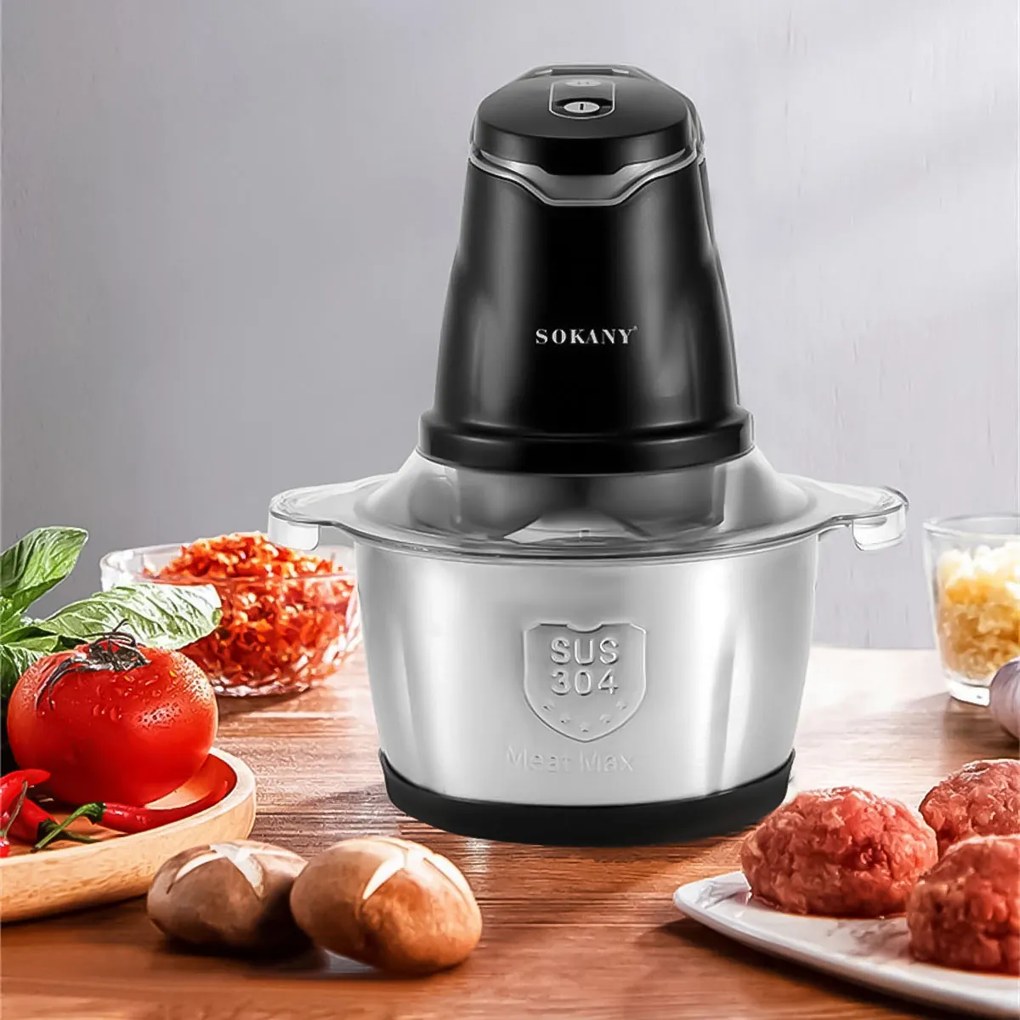 Tocator electric Sokany SK-7020, 4 lame din otel inoxidabil de inalta calitate, 400 W, 2L, recipient din Inox, Negru