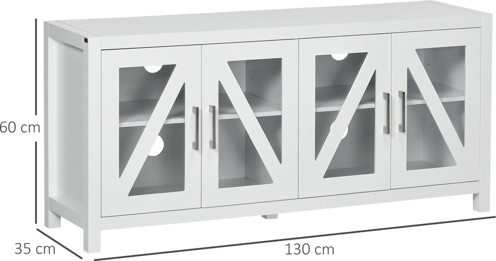 HOMCOM Comodă TV pentru living masă pentru televizoare de până la 147,3 cm cu 4 uși din sticlă, rafturi reglabile 130x35x60 cm Alb | Aosom Romania