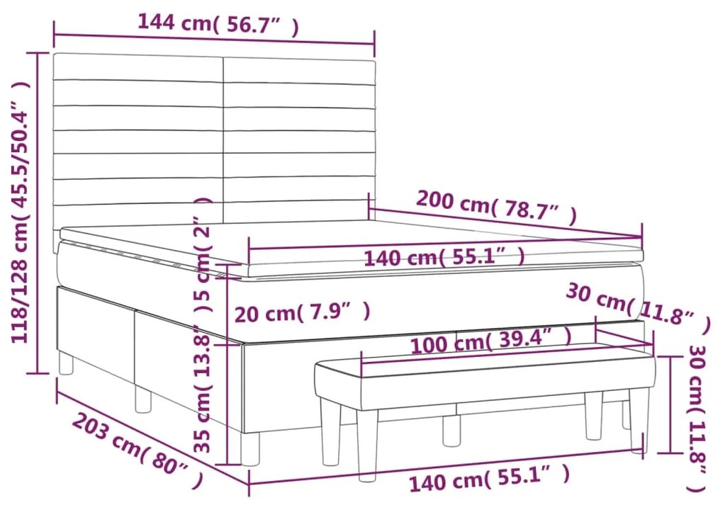 Pat box spring cu saltea, gri inchis, 140x200 cm, catifea Morke gra, 140 x 200 cm, Benzi orizontale