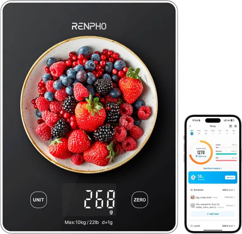Smart cantar de bucatarie RENPHO Calibra 1L, Pana la 10 kg, 22 de functii de analiza, Sincronizare cu aplicatii mobile, TARE, mod cafea, Sticla termorezistenta, Negru