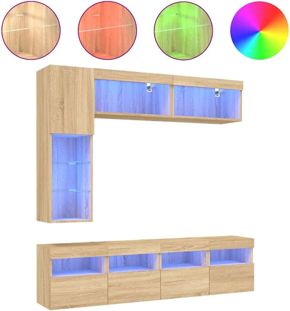 vidaXL Comode TV de perete cu lumini LED, 7 piese, stejar sonoma