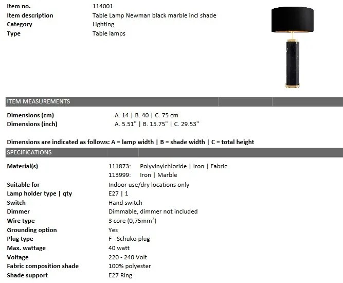 Veioza design elegant LUX Newman, marmura neagra 114001 HZ