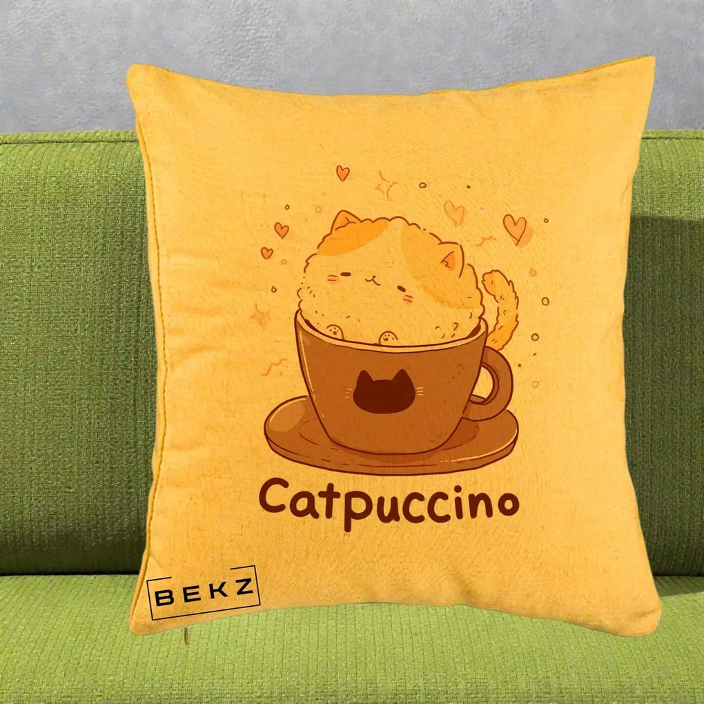 Perna Decorativa Catpuccino Pisica Cappuccino, 40x40 cm, Galben, Husa Detasabila, Perna Inclusa, BEKZ®