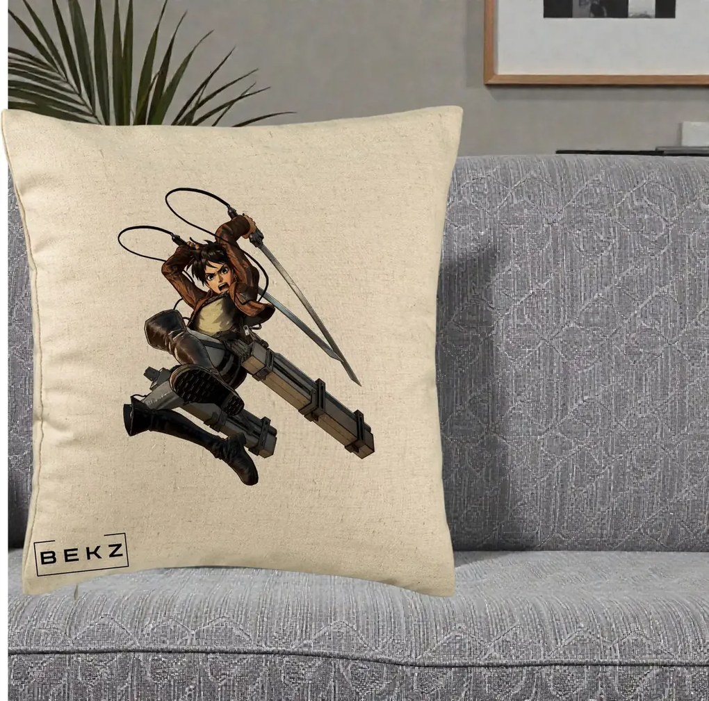 Perna Personalizata Attack on Titan Eren Yeager Lupta, 40x40 cm, Bej, Husa Detasabila, Perna Inclusa, BEKZ®