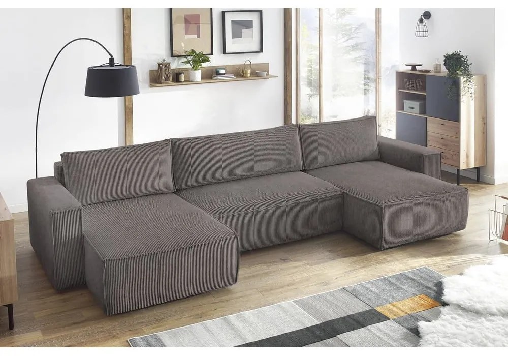 Colțar gri închis extensibil cu tapițerie din catifea reiată (în formă de "U") Nihad – Bobochic Paris