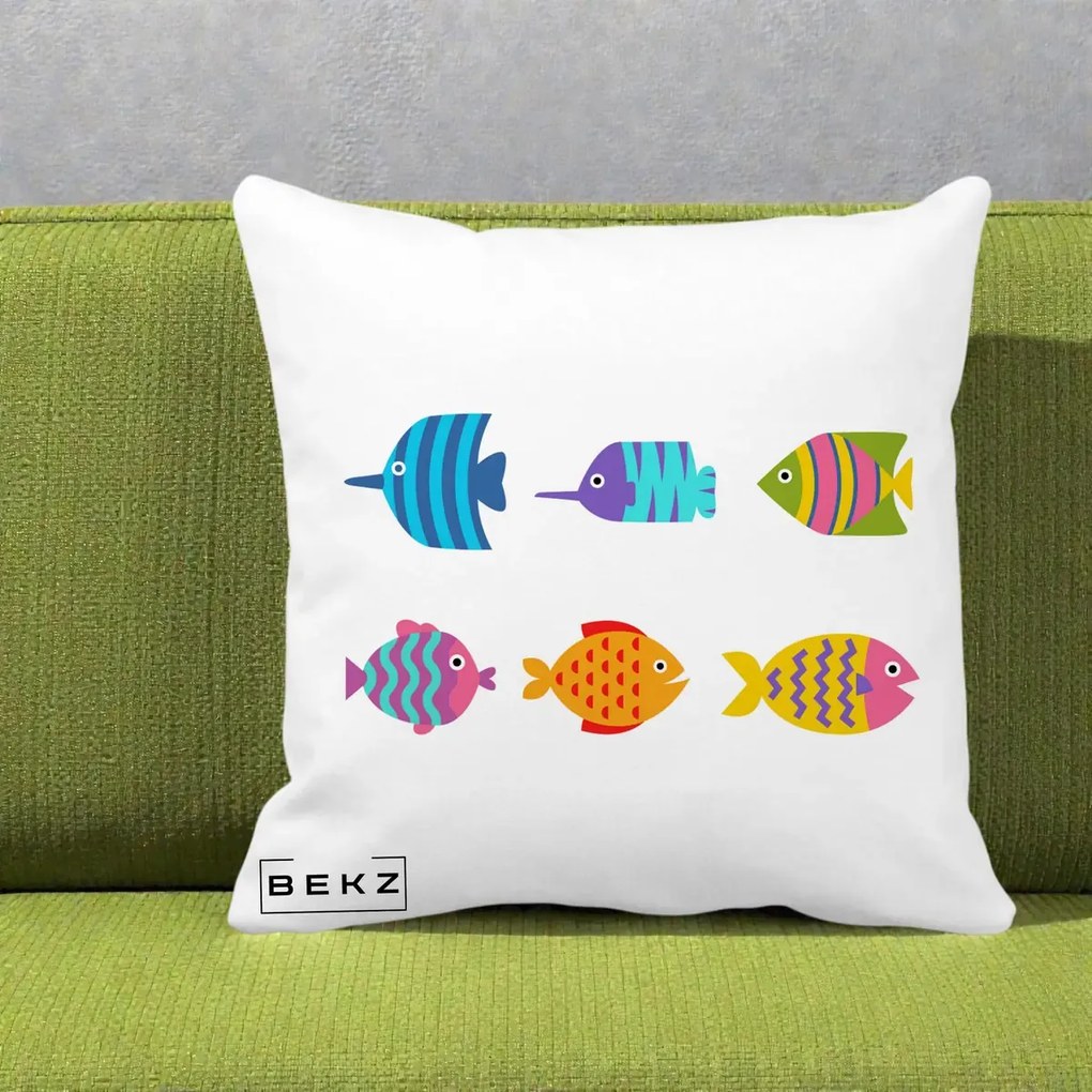 Perna Decorativa Pesti Colorati Cartoon, 40x40 cm, Alba Mata, Husa Detasabila, Perna Inclusa, BEKZ®