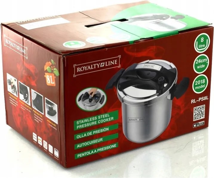 Oala sub presiune Royalty Line RL-PS8L, 8 L, 80 kPa, Otel inoxidabil, Supapa de siguranta, Inductie, Argintiu