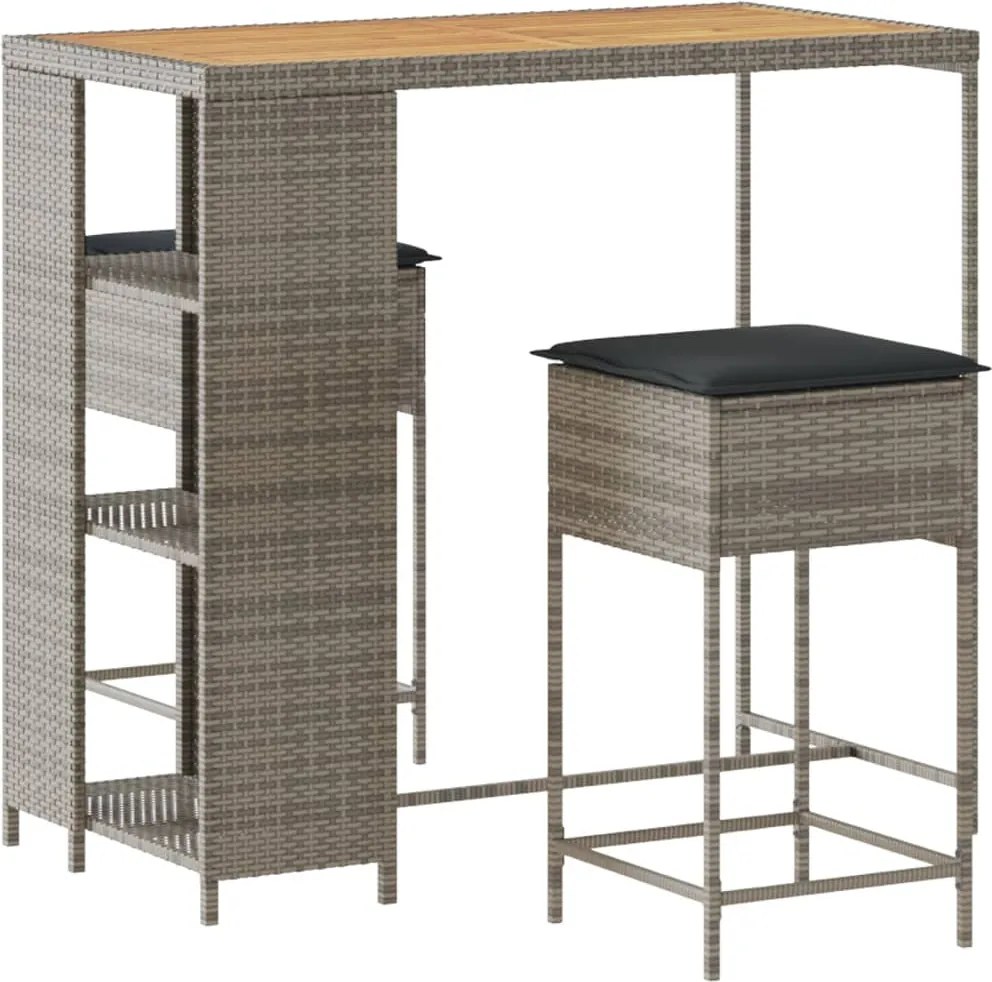 vidaXL Set mobilier bar de grădină, cu perne, 3 piese, gri, poliratan