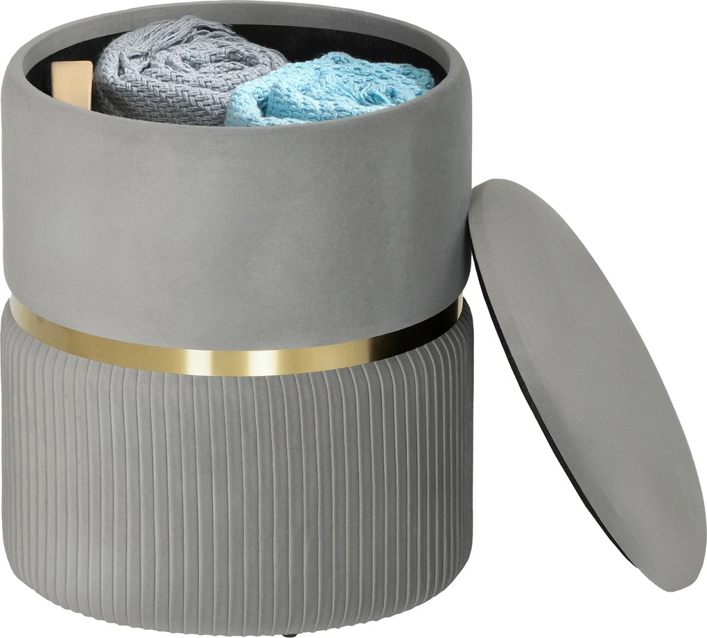 HOMCOM Taburet rotund de depozitare, Taburet tapițat cu catifea și capac detașabil, șezut căptușit și spațiu de depozitare ascuns, Gri deschis | Aosom Romania