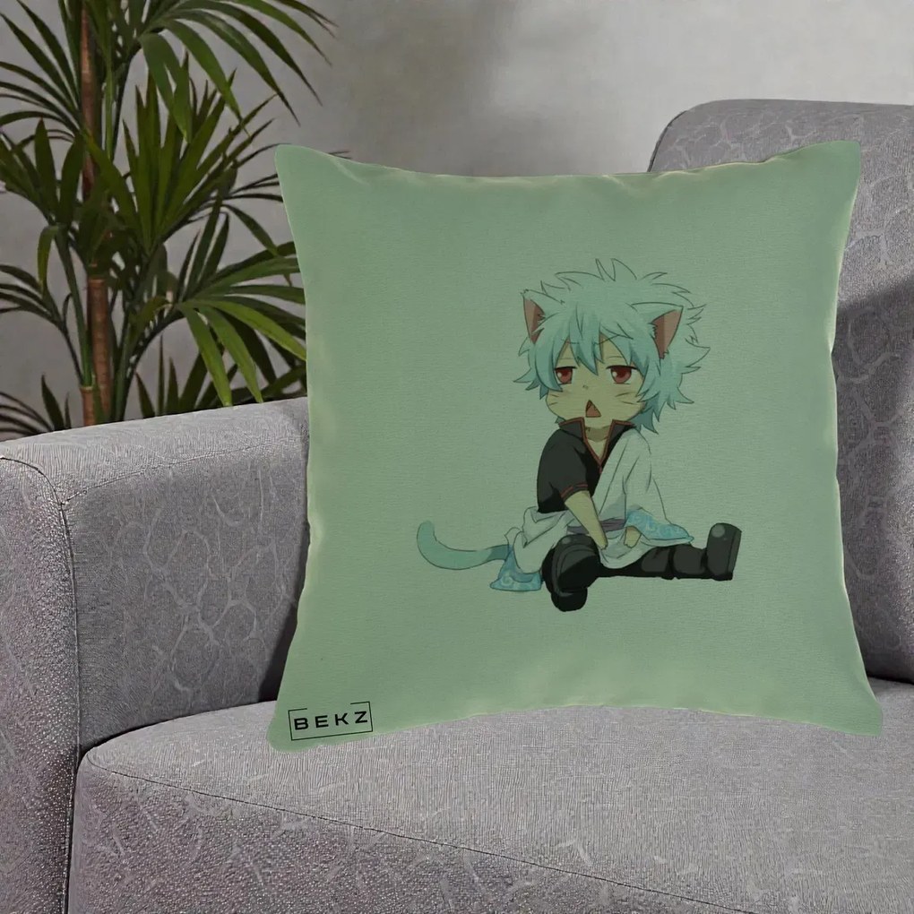 Perna Personalizata Gintama Gintoki Chibi Pisica, 40x40 cm, Verde, Husa Detasabila, Perna Inclusa, BEKZ®