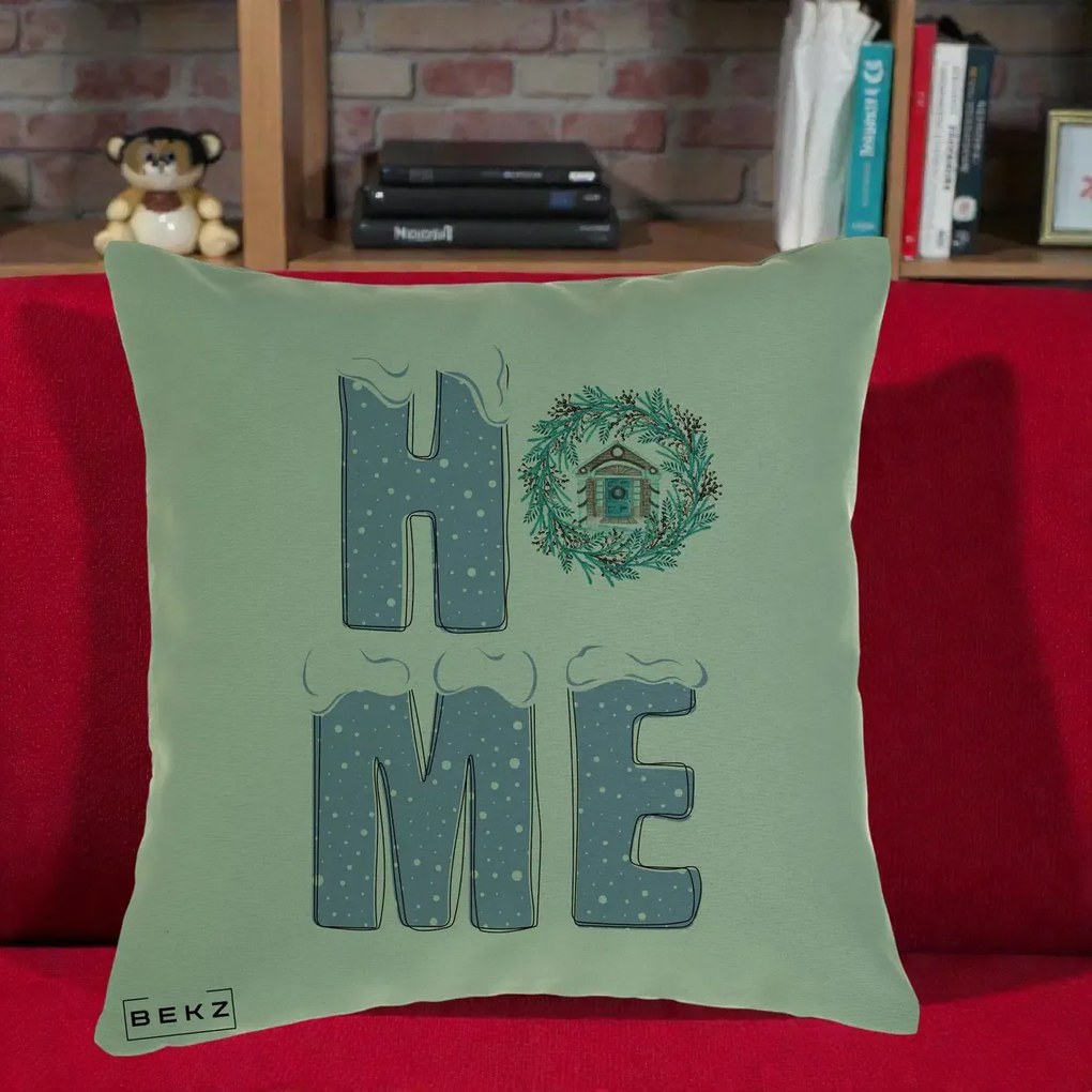 Perna Decorativa HOME Iarna cu Coroana, 40x40 cm, Verde, Husa Detasabila, Perna Inclusa, BEKZ®