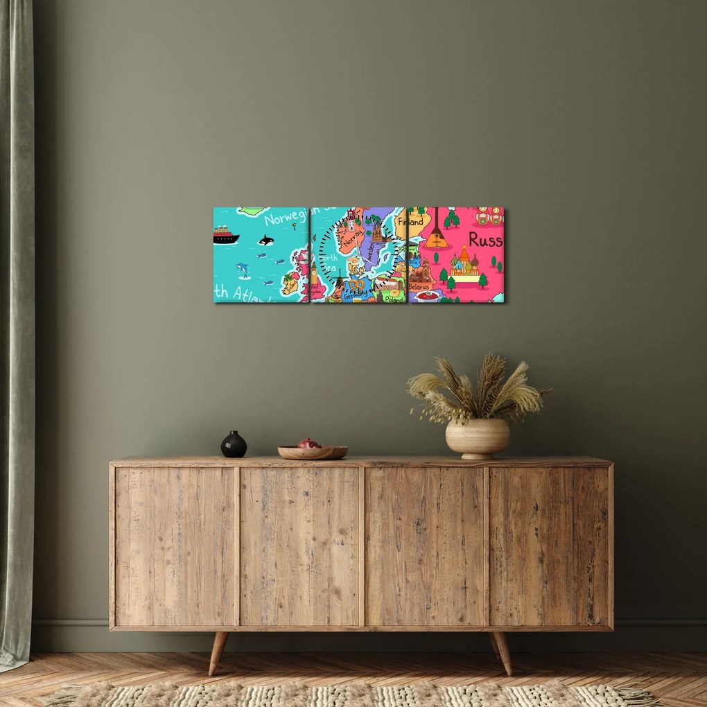 Tablou - Harta Europei pentru copii (cu ceas) (90x30 cm)
