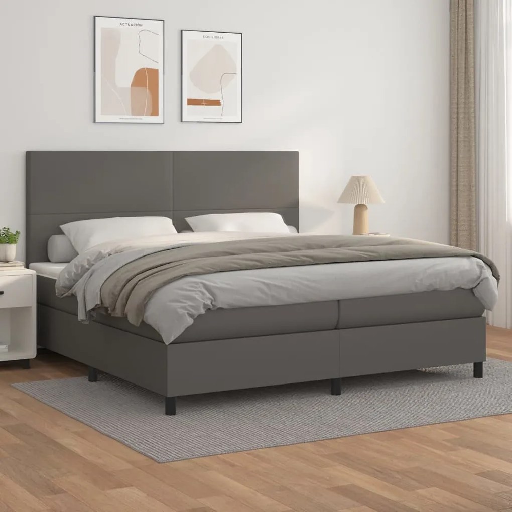 3142747 vidaXL Pat box spring cu saltea, gri, 200x200 cm, piele ecologică