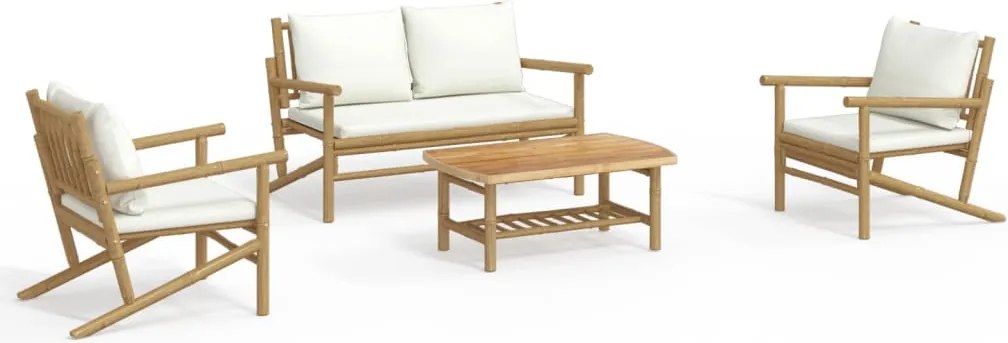 vidaXL Set mobilier de grădină, cu perne alb crem, 4 piese, bambus