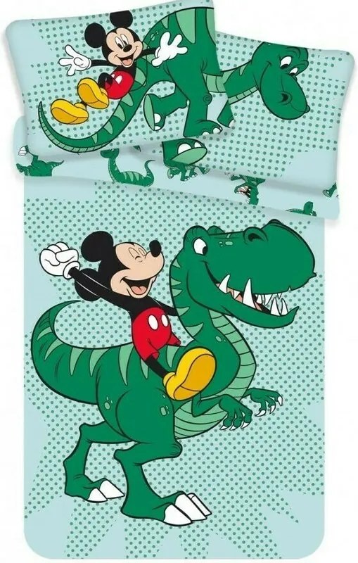 SunCity - Lenjerie 2 piese Dino Cu fata de perna 60x40 cm Mickey Mouse din Bumbac, 135x100 cm, Verde