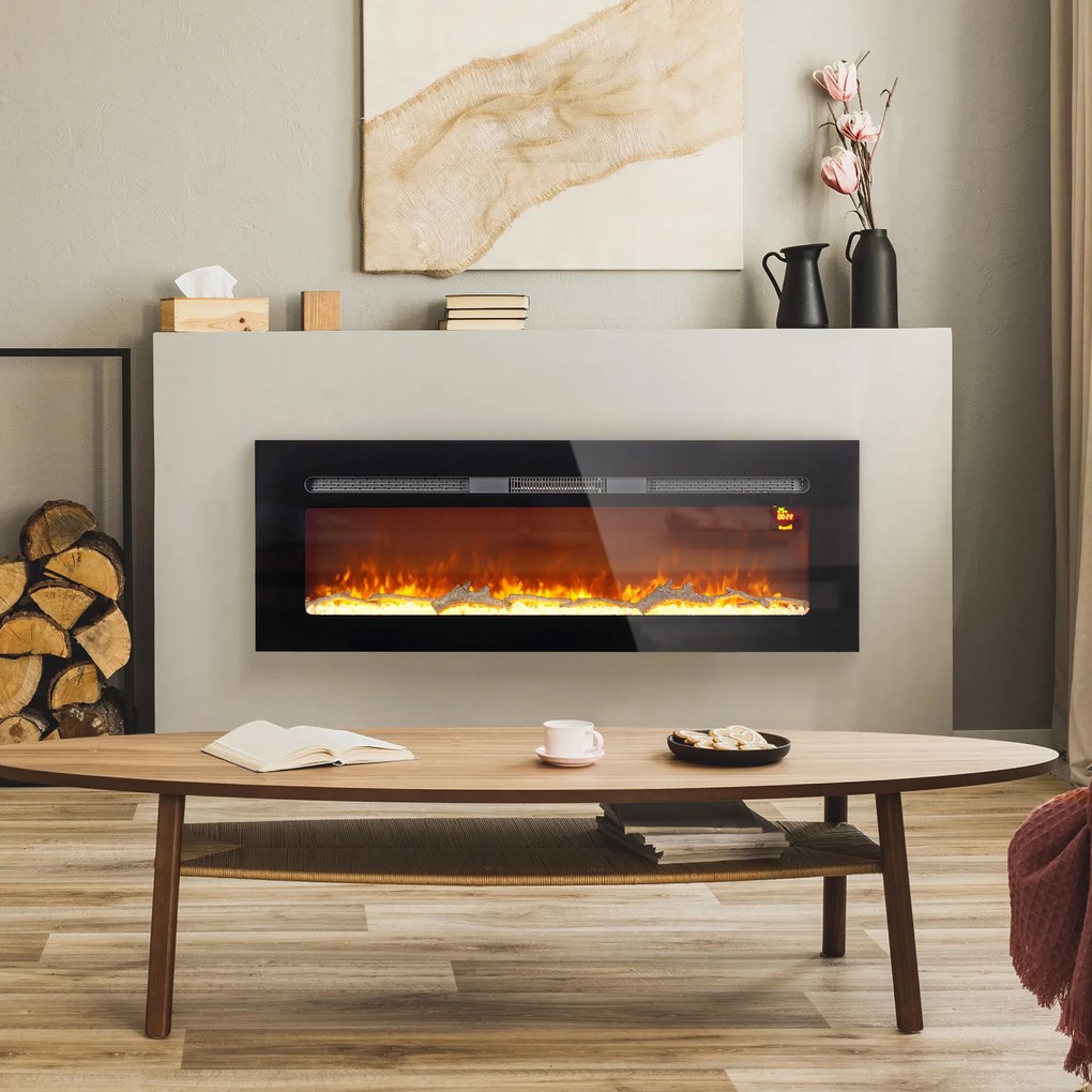 HOMCOM Șemineu Electric Încastrabil cu Telecomandă, Flacără Reglabilă, Temporizator și Termostat, 127x15,8x45 cm, Negru | Aosom Romania