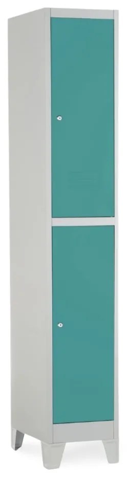 Dulap metalic - 2 cutii, 38 x 45 x 195 cm, picioare fixe, încuietoare cilindrică, verde - ral 6033