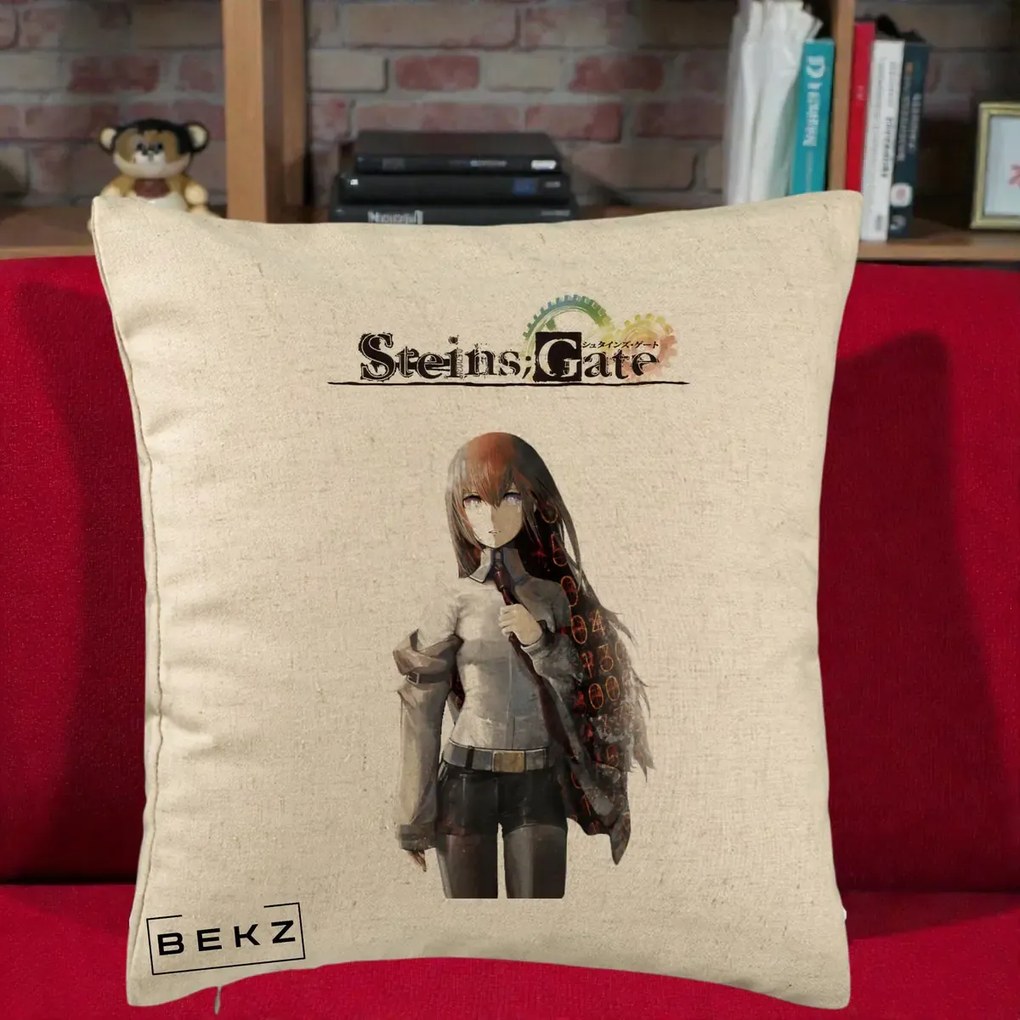Perna Personalizata Steins Gate Kurisu Makise Anime, 40x40 cm, Bej, Husa Detasabila, Perna Inclusa, BEKZ®