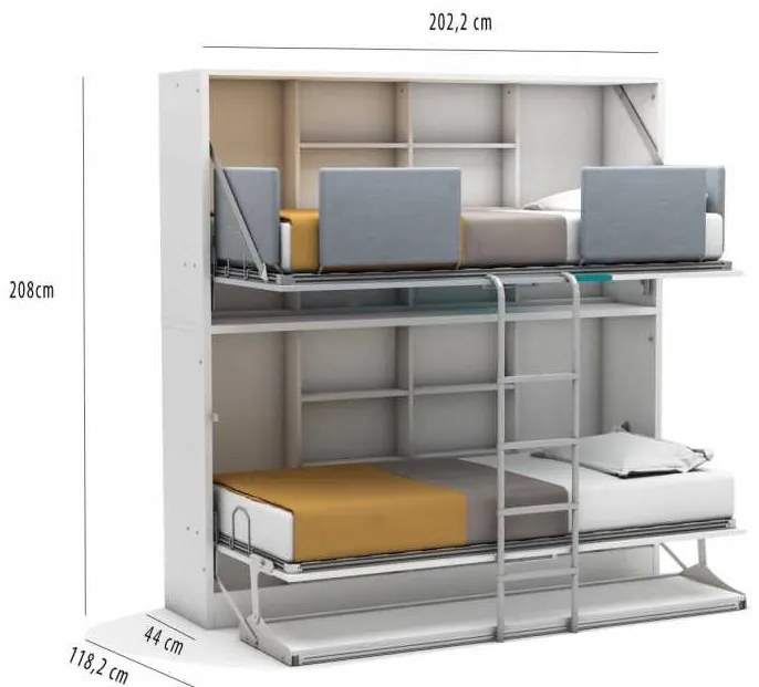 Pat rabatabil suprapus fara birou - SMART BUNK (90X190) (Culoare pat: White+Grey+Turquoise)