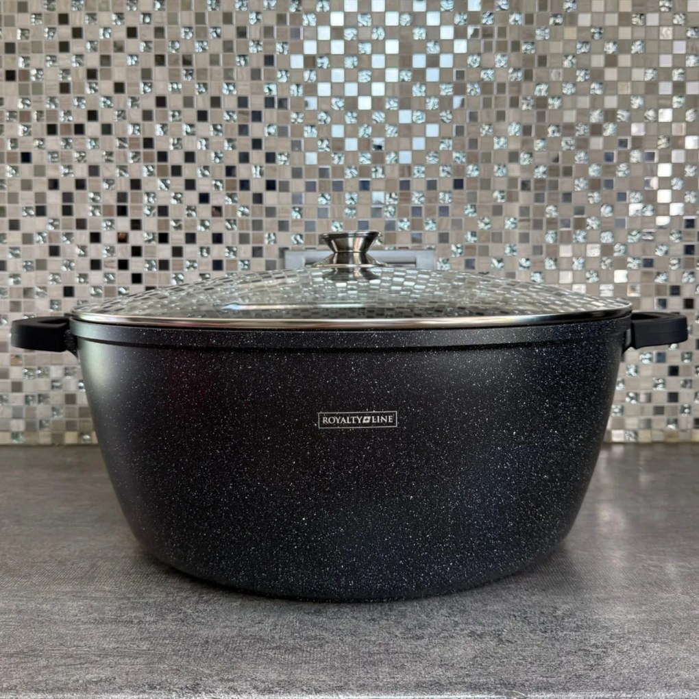 Oala mare, 23,4 litri, 44 cm tip cratita marmorata antiaderenta, cu capac, pentru zacusca, bulion, gemuri, cu protectie manere din silicon Royalty