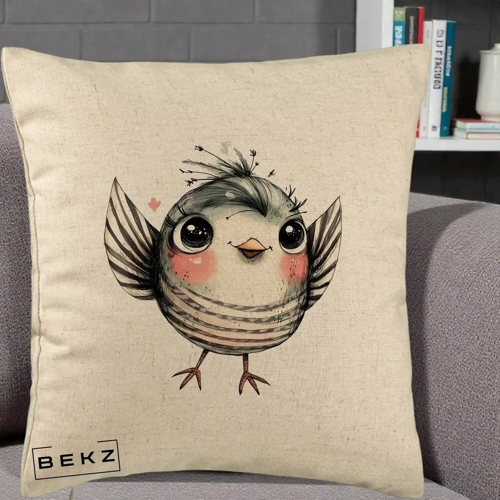 Perna Decorativa Pasare Gri cu Aripi si Inimioare, 40x40 cm, Bej, Husa Detasabila, Perna Inclusa, BEKZ®