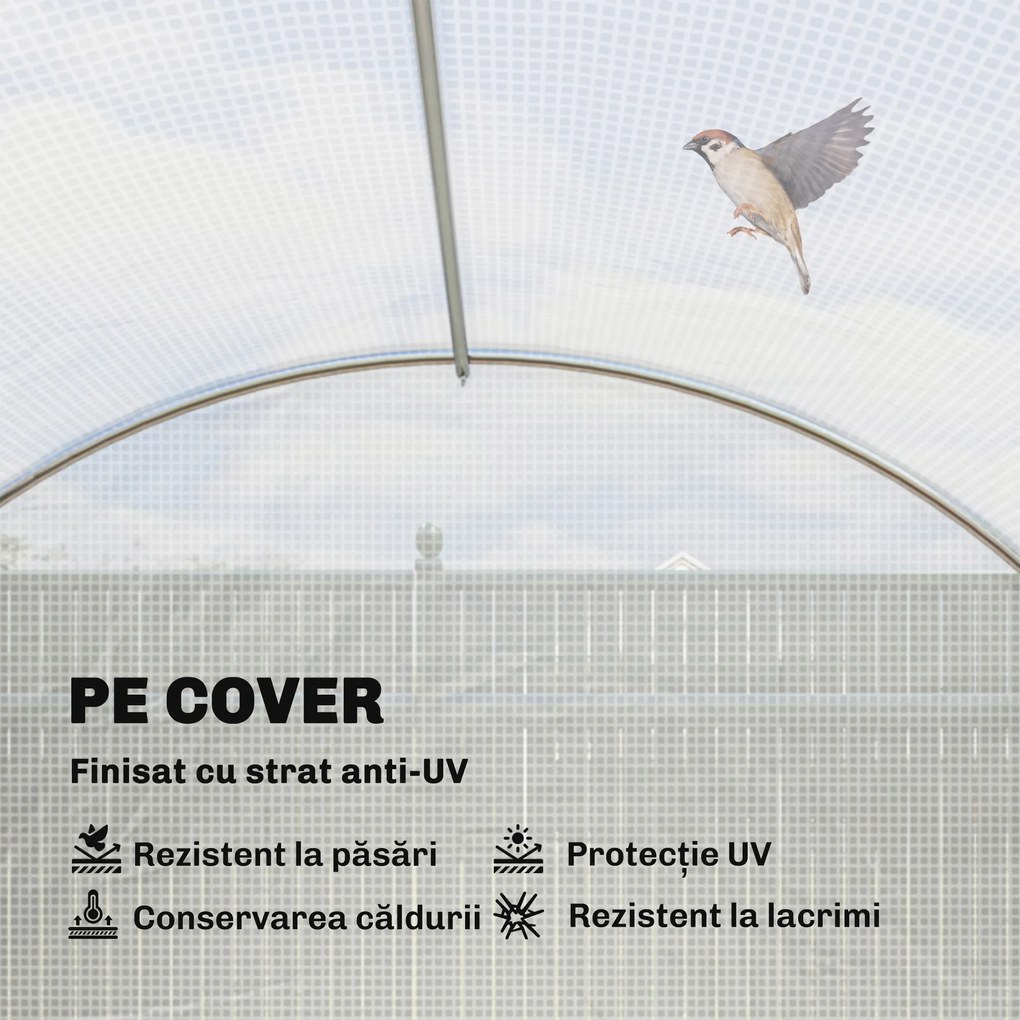 Outsunny Seră de Grădină Tip Tunel 4x3x2 m cu 2 Bare Detașabile, Uși Rulabile și Ferestre cu Plasă, Seră pentru Grădină de Legume și Flori, Structură din Oțel Zincat și Acoperire PE, Alb | Aosom Romania