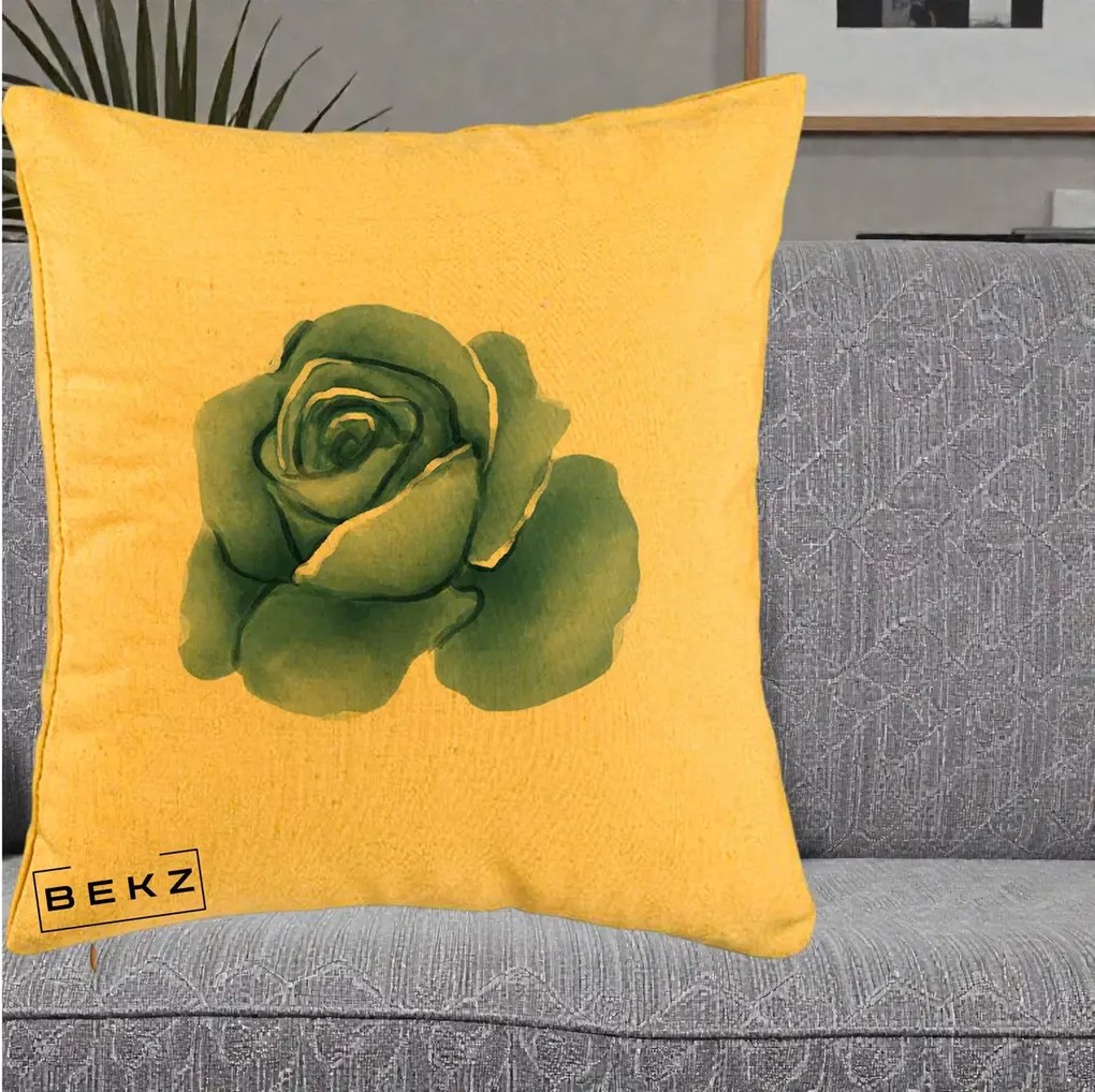 Perna Decorativa Trandafir Albastru Acuarela, 40x40 cm, Galben, Husa Detasabila, Perna Inclusa, BEKZ®