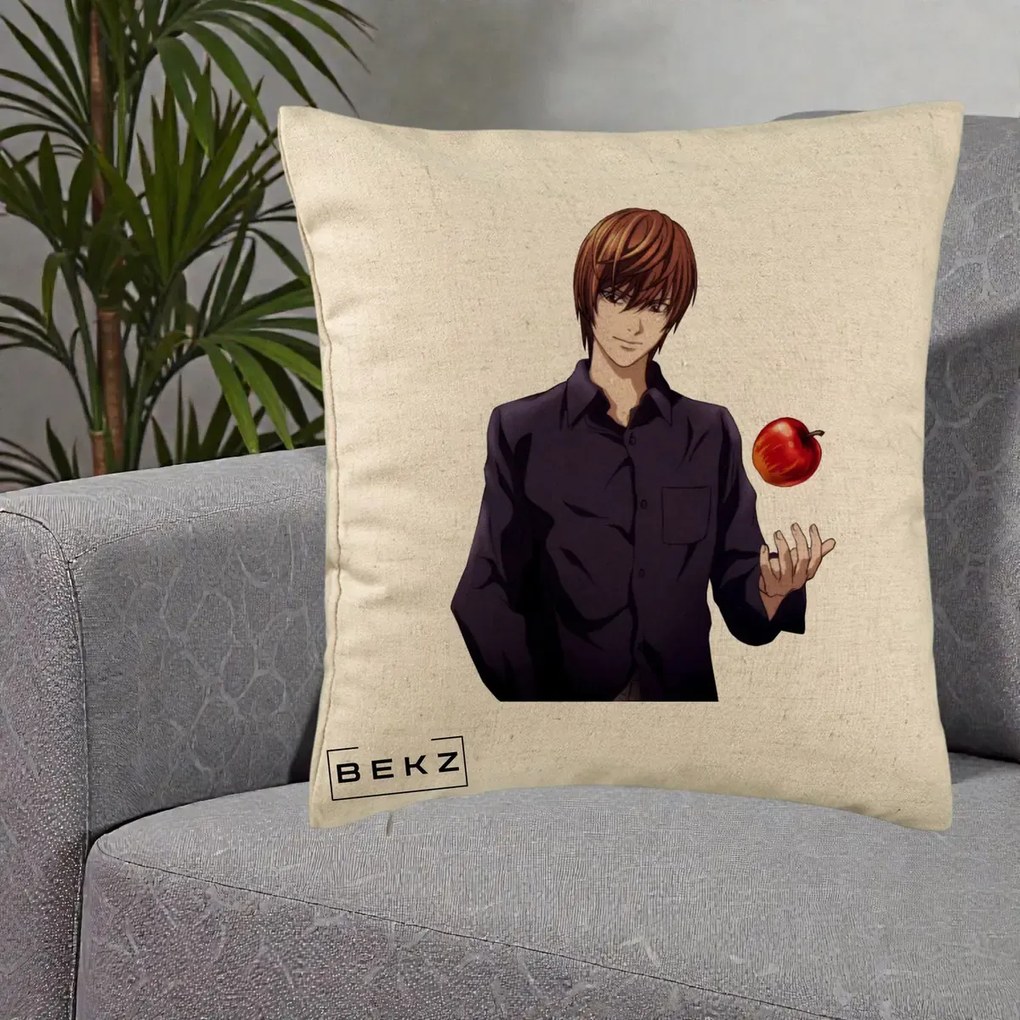 Perna Personalizata Death Note Light Yagami cu Mar, 40x40 cm, Bej, Husa Detasabila, Perna Inclusa, BEKZ®