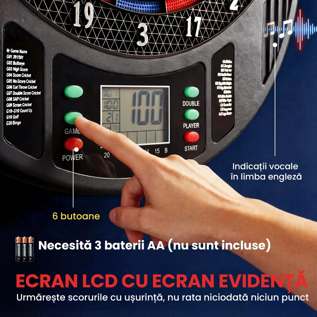 SPORTNOW Țintă Electronică pentru Darts, 6 Săgeți și Display LCD, pentru 8 Jucători, 18 Jocuri și 159 de Variante | Aosom Romania