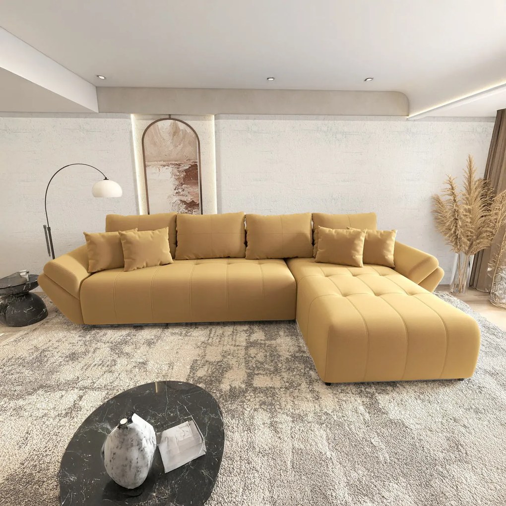 Colțar extensibil dumonde cu ladă de depozitare si sezut confortabil din spuma high-density, Berlin XL Royal Mustar 350x185 cm II