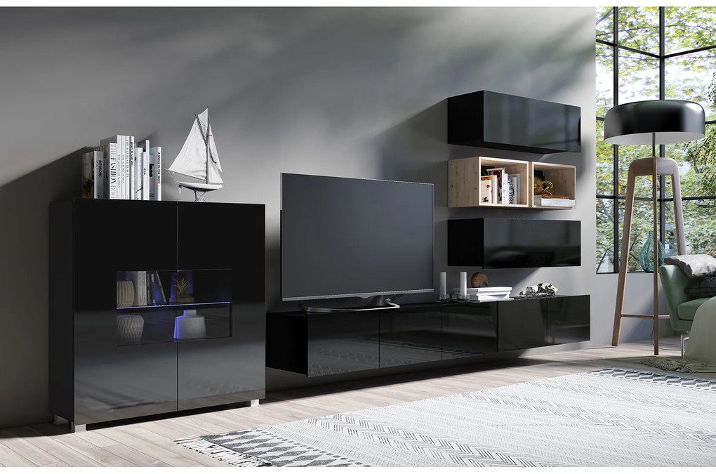 Mobilier living Calabria C28 BLACK (Negru + Stejar artisan) (fără iluminat). 1051567