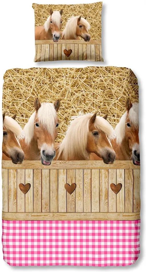 Lenjerie de pat din bumbac pentru copii Good Morning Horses, 140 x 200 cm, roz