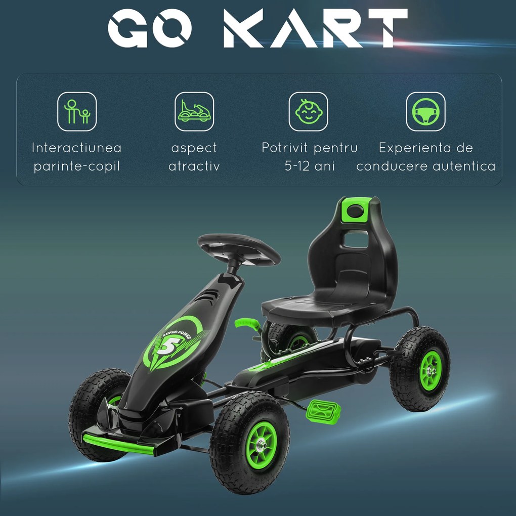HOMCOM Kart cu Pedale pentru Copii 5-12 Ani cu Scaun Reglabil, din Metal și PP, 121x58x61 cm, Verde și Negru | Aosom Romania