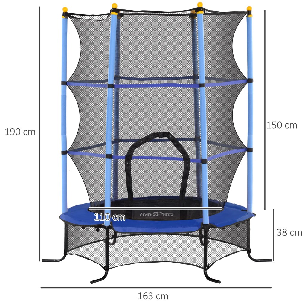 HOMCOM Trambulină Elastică pentru Copii cu Plasă de Siguranță, Suprafață Elastică și Țevi Capitonate, Ø163x190 cm, Albastru | Aosom Romania