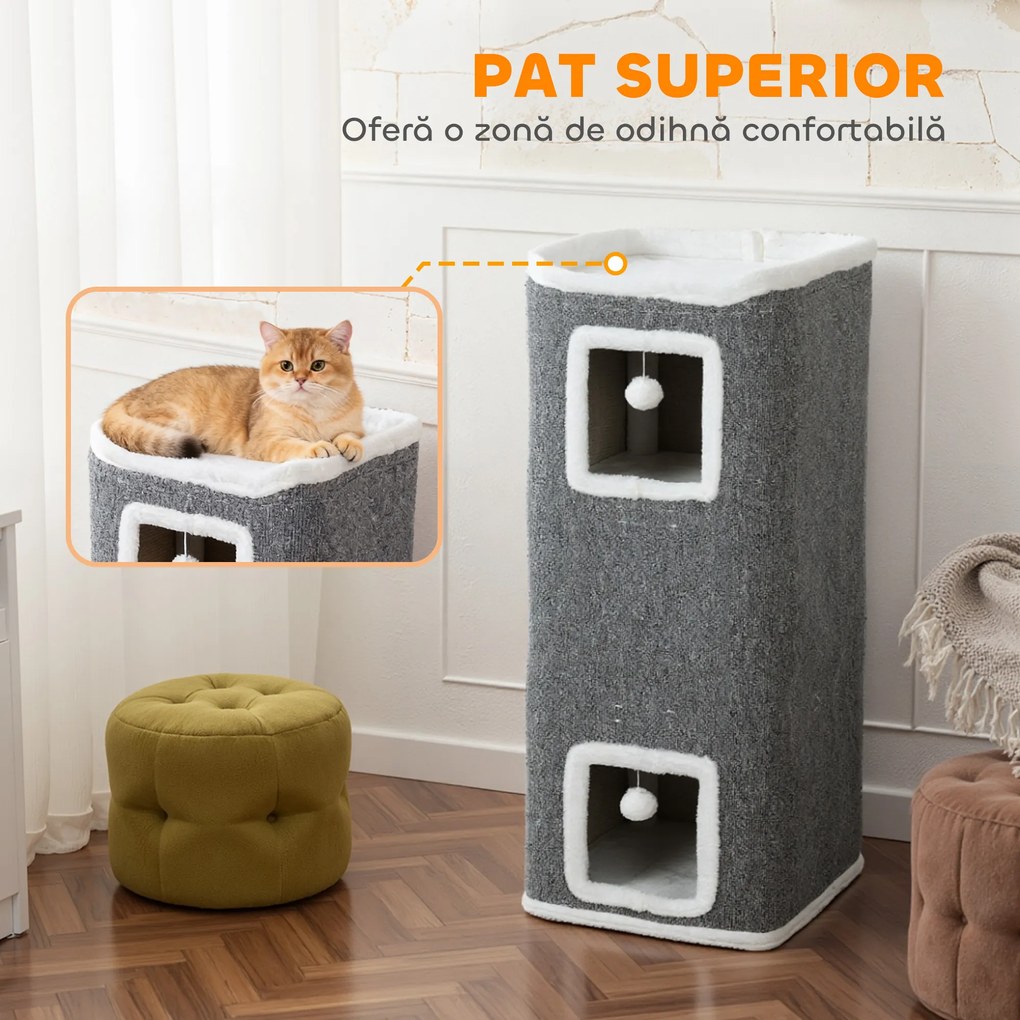 PawHut Ansamblu de joacă pentru Pisici cu 4 Nivele, 3 Bile de Jucărie din PAL, Textil și Pluș, 41x41x100 cm, Gri și Alb | Aosom Romania