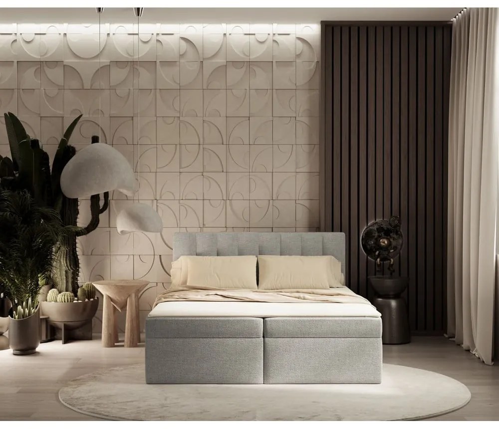 Pat boxspring gri deschis cu spațiu de depozitare 140x200 cm Novento – Maison de Rêve